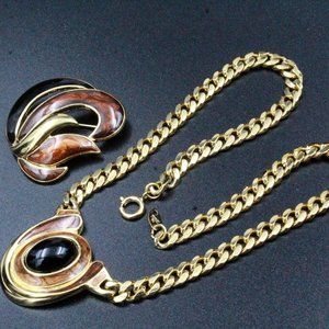 Vintage Mint Trifari TM Brown Enamel Black Cabochon Necklace Set